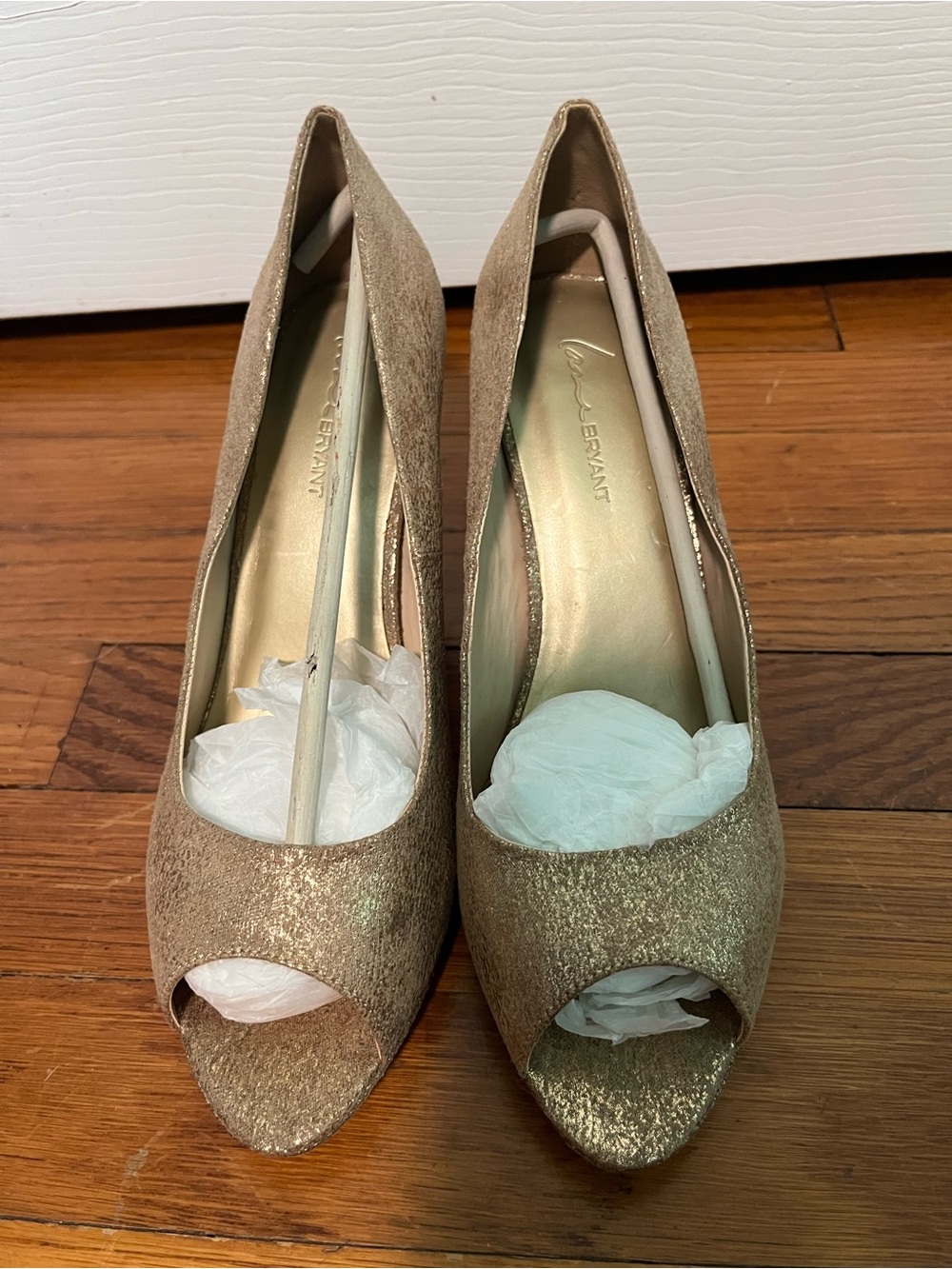Lane Bryant Gold Glitter Peep Toe Pumps